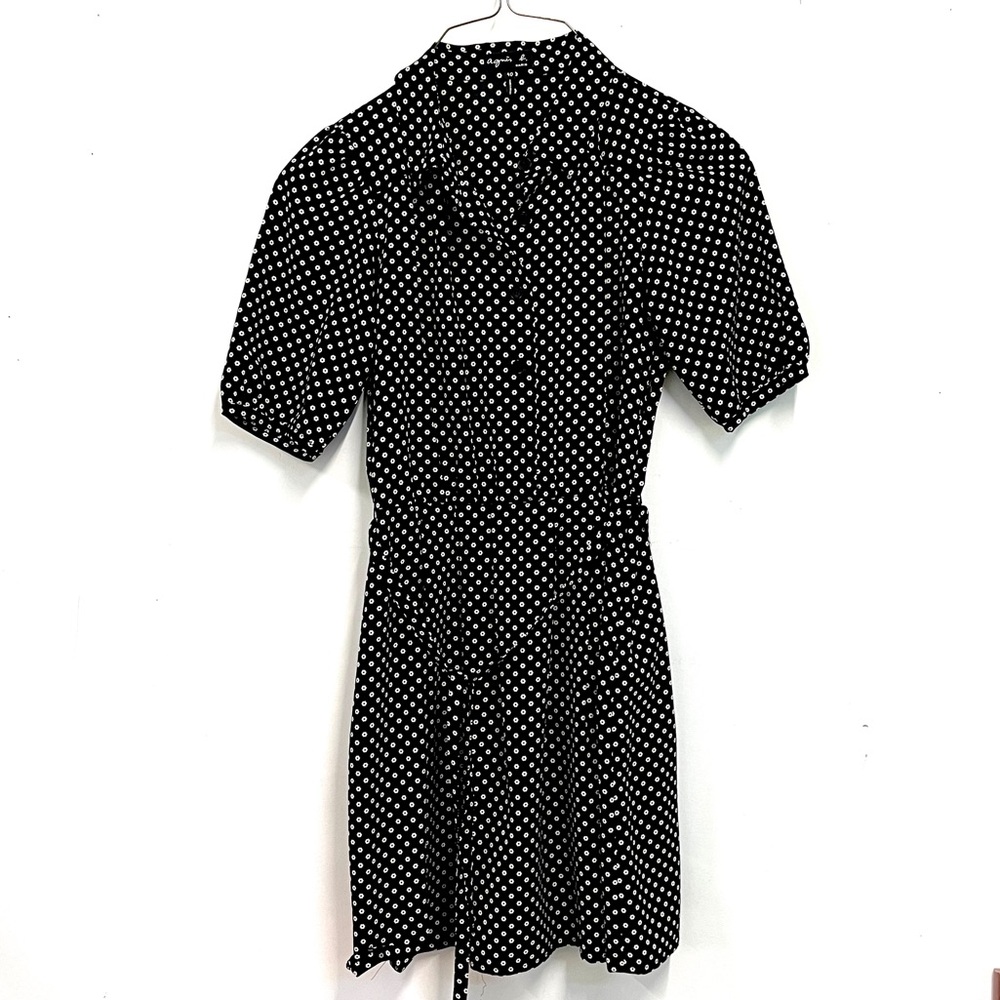 Agnes B Black and White Midi Dress with Puff Sleeves and Tie Front